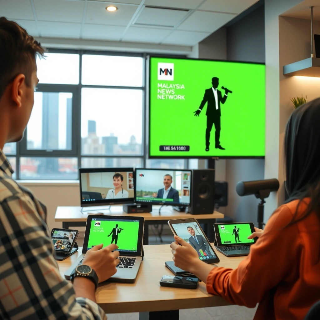 Modern newsroom with digital technology and mobile devices