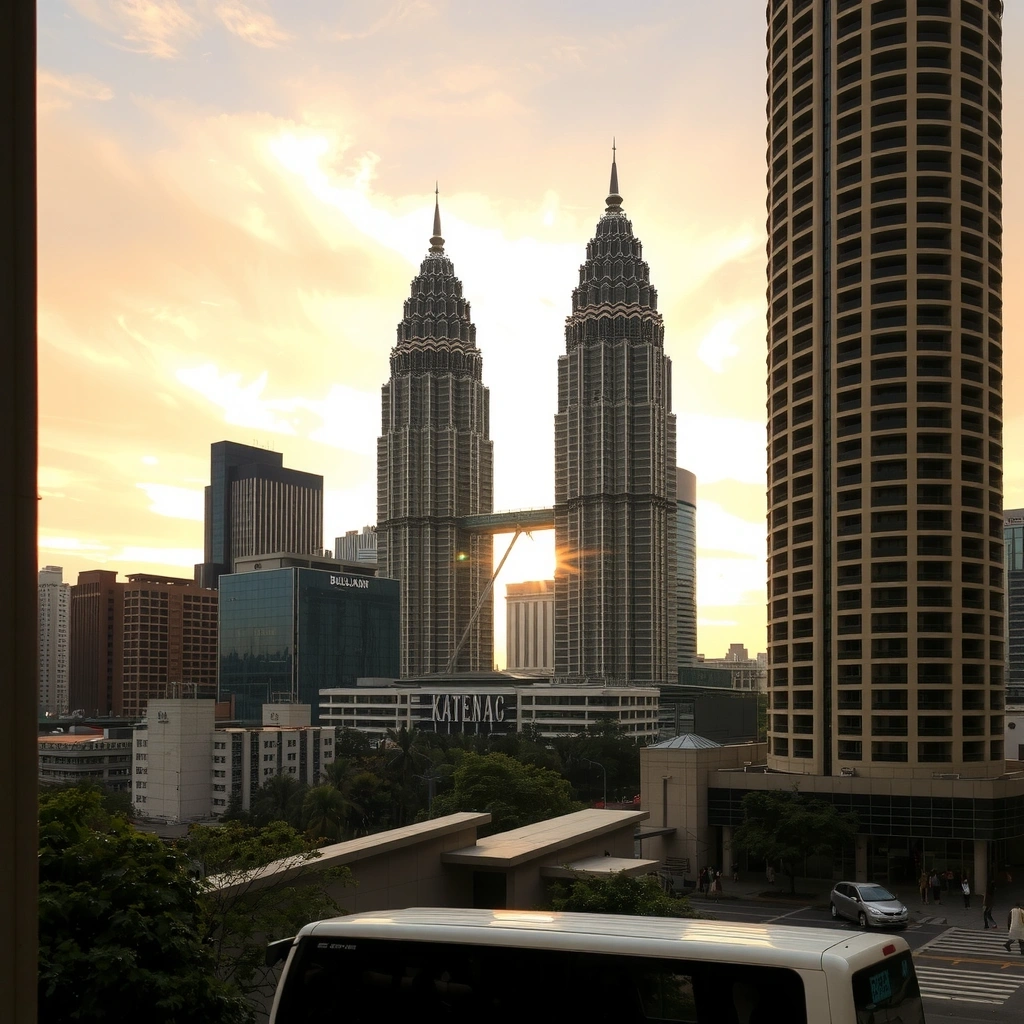 Kuala Lumpur skyline with Petronas Twin Towers at sunset