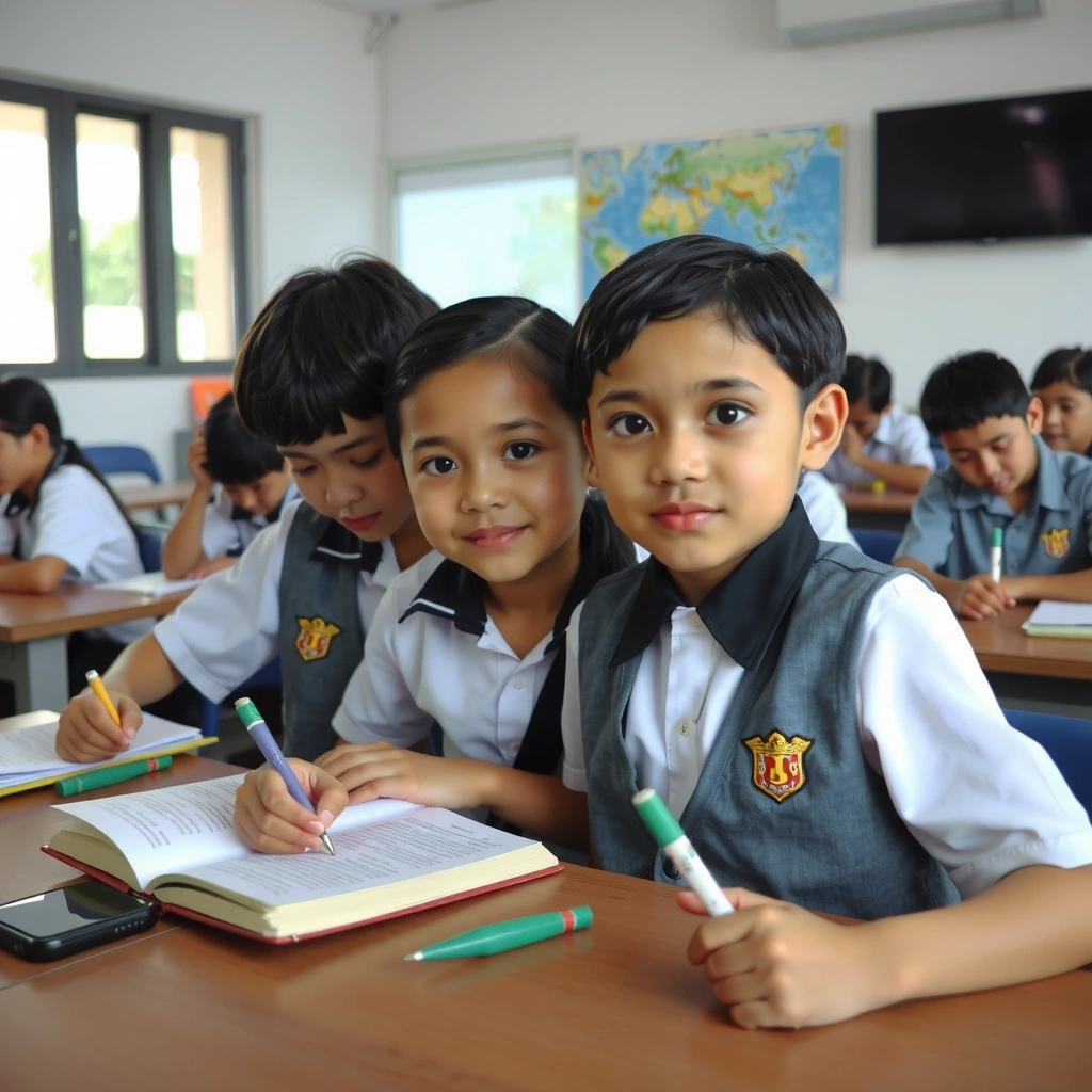 Malaysian school children in uniform studying